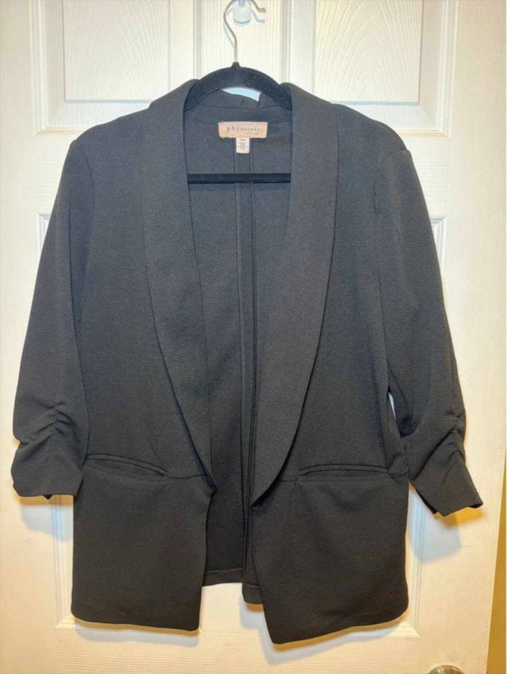 Philosophy Black Ruched Sleeve Open Front Blazer Size Medium